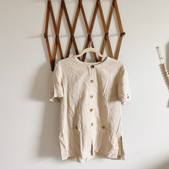 Vintage Retro Linen Button Up Top Wooden Buttons - Picture 1 of 8